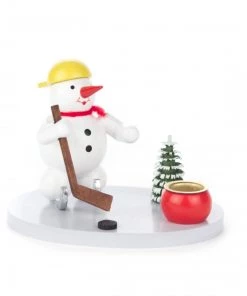 Frankenmuth Clock Company 196/018/4 - Candle Holder With Snowman Playing Ice Hockey
