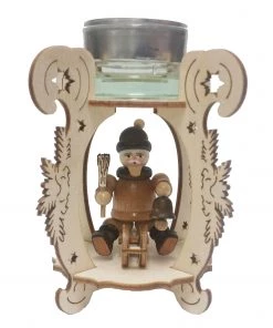 Frankenmuth Clock Company Wooden Tea Light Holder W/ Man On Sleigh
