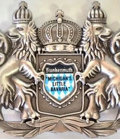 Frankenmuth Clock Company German Souvenirs Lions Holding Frankenmuth Crest Magnet