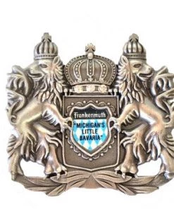 Frankenmuth Clock Company German Souvenirs Lions Holding Frankenmuth Crest Magnet